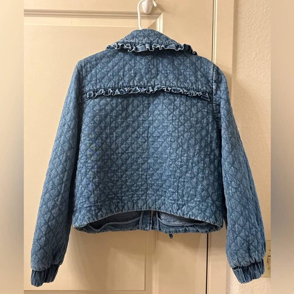 Blue Denim Quilted Ruffle Jacket - Picture 2 of 3